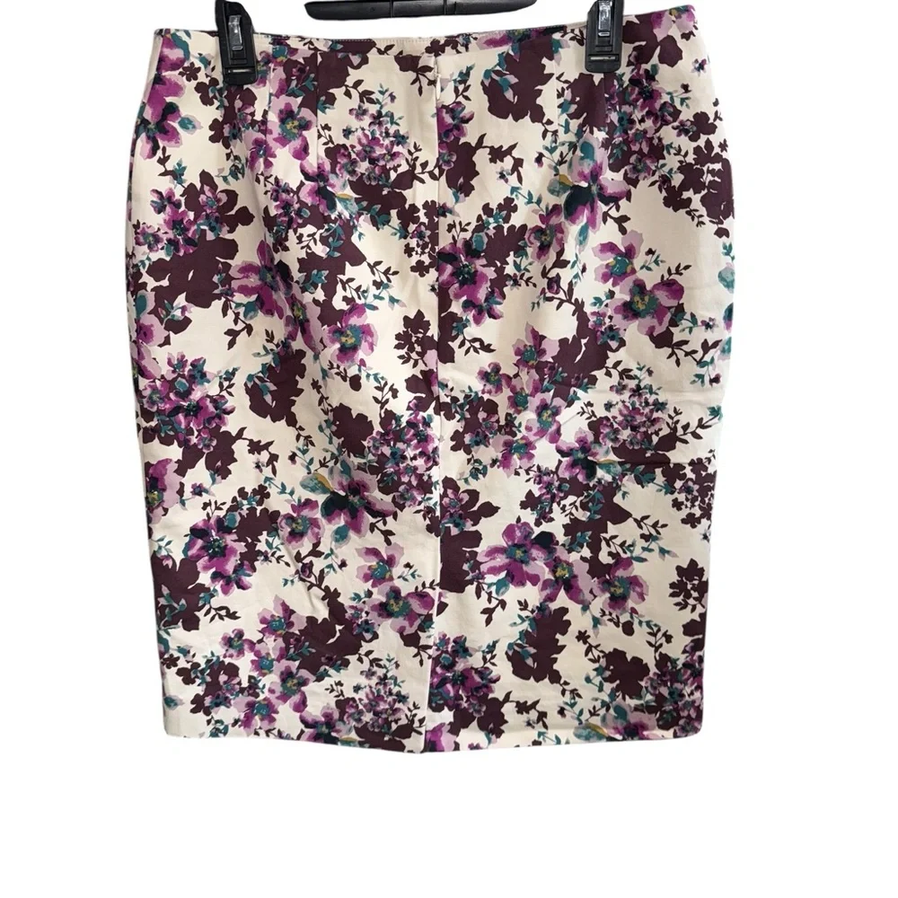 Ann Taylor Factory Cotton Purple and Cream Floral Pencil Skirt Size 10
